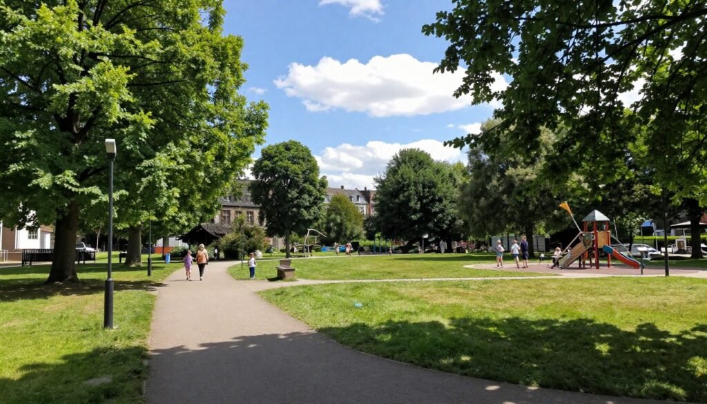 Gaalgebierg park with trees, walking paths, and families enjoying outdoor space