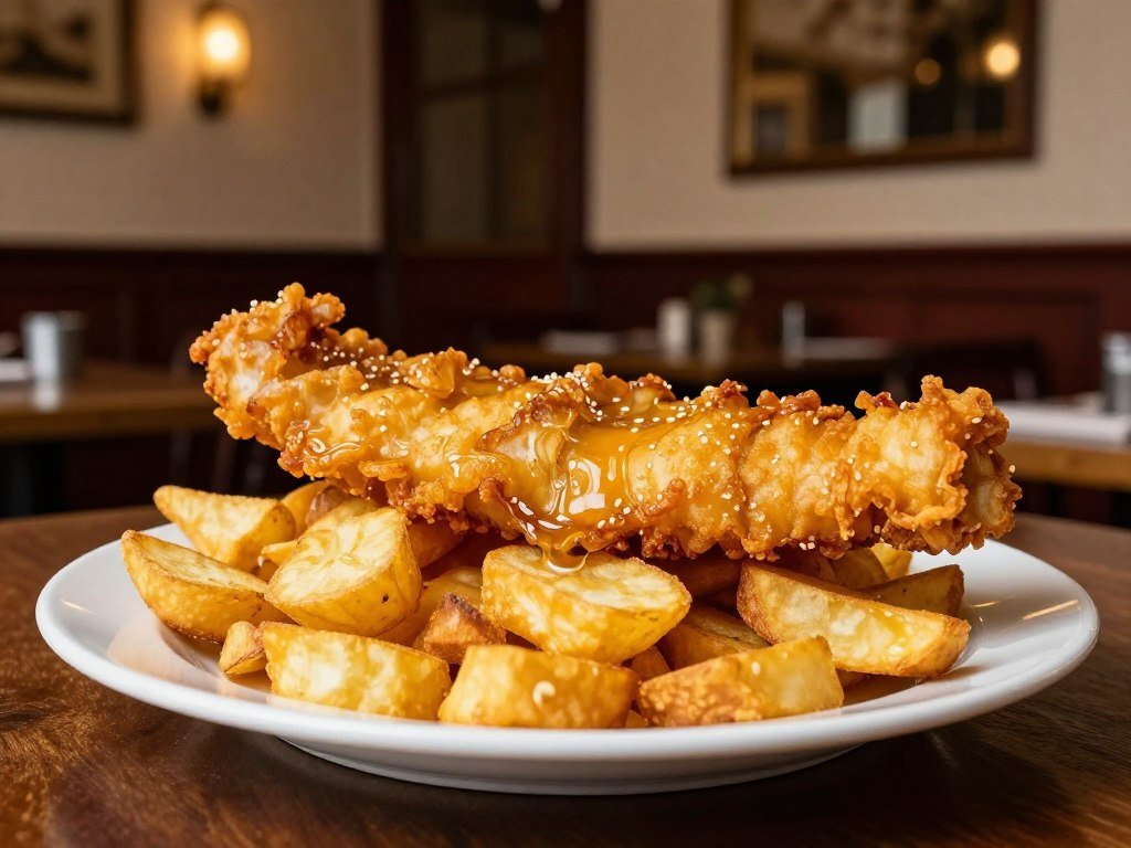Generous portion of fish and chips at North Sea Fish Restaurant in London England