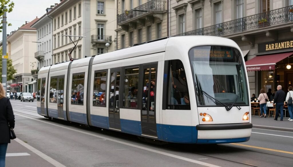 Geneva public transportation tram on city street