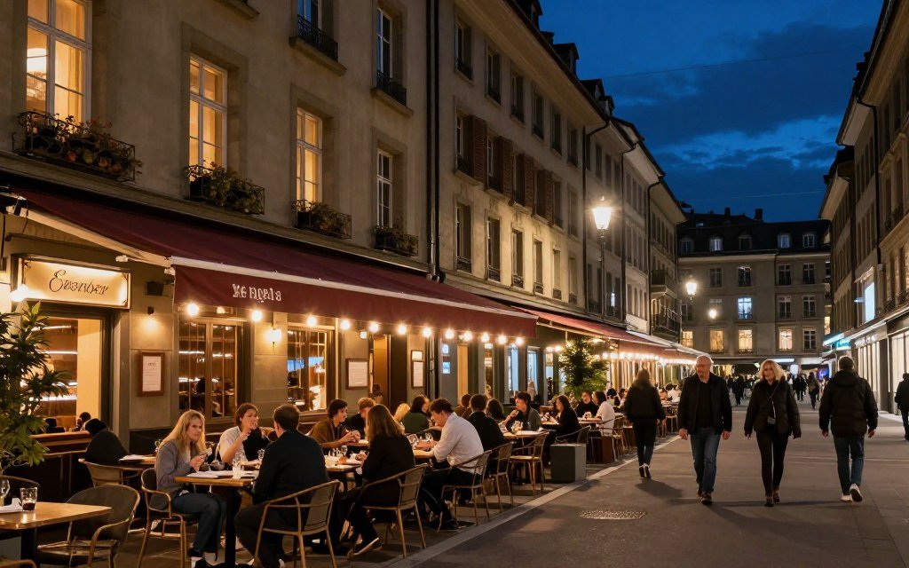 Geneva restaurant district at night with illuminated streets