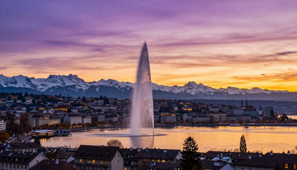 The Best Things to Do in Geneva 67 Geneva skyline at sunset with Jet d'Eau and mountains