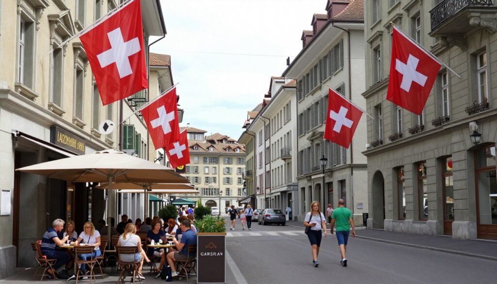 The Best Things to Do in Geneva 49 Geneva street scene with Swiss flags and cafe culture
