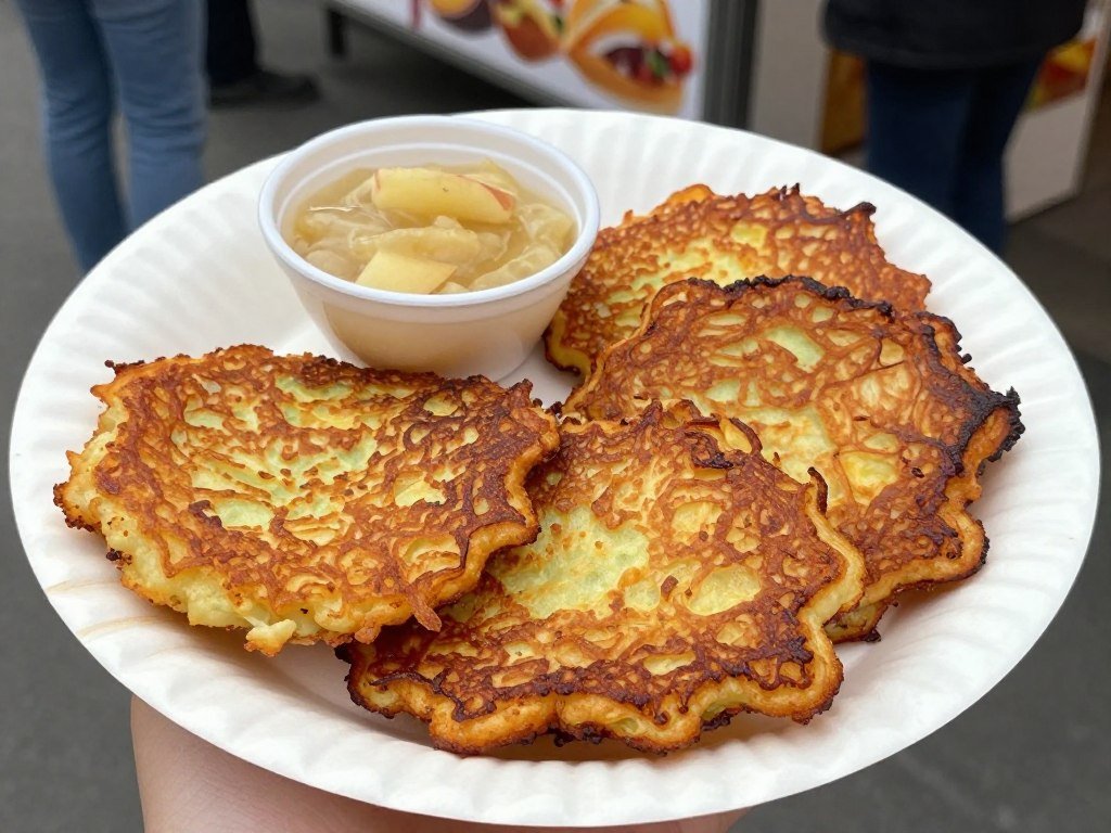 German potato pancakes reibekuchen served with apple sauce at street food stand