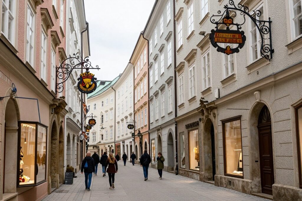 The Best Things to Do in Salzburg 1 Getreidegasse shopping street in Salzburg's Old Town with traditional guild signs and baroque architecture