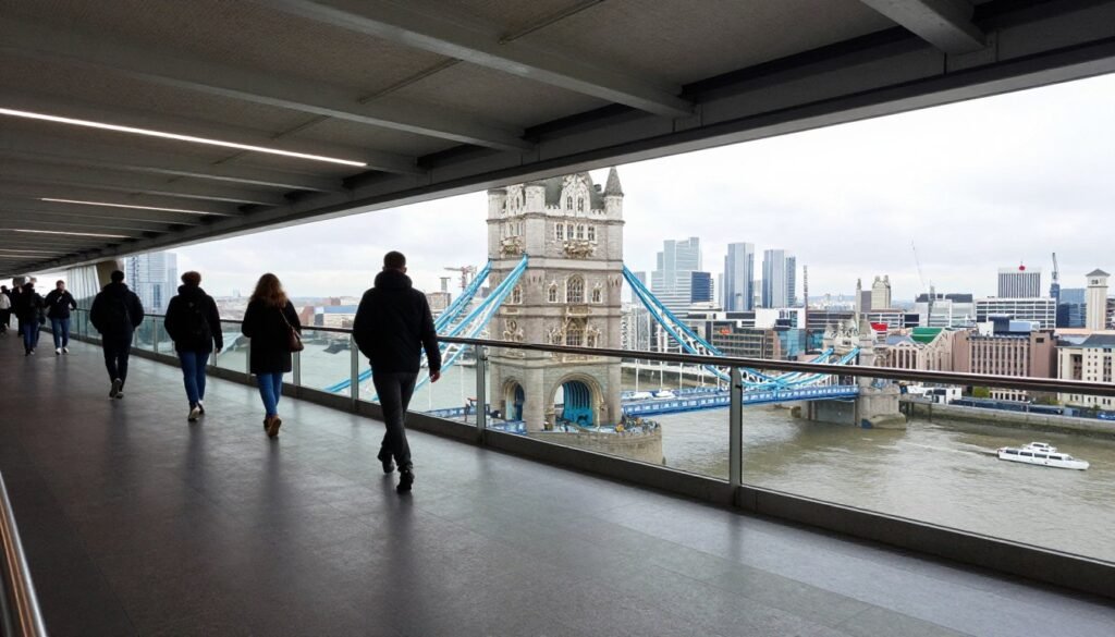 Glass walkway at Tower Bridge with view of the Thames below - unique things to do in London