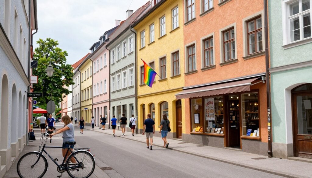 Glockenbachviertel street with rainbow flag and shops