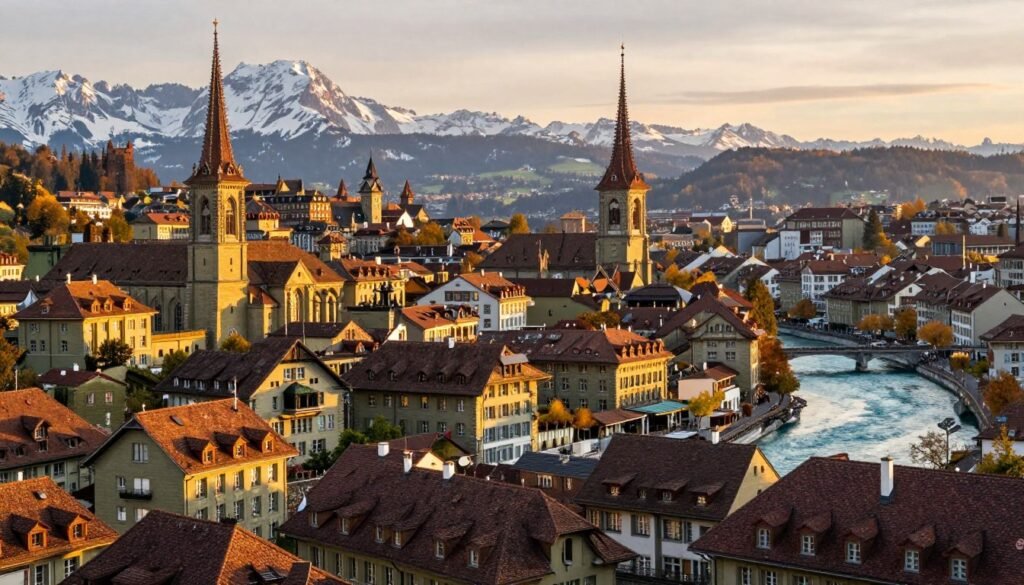 The Best Things to Do in Bern 26 Golden hour view over Bern Old Town with cathedral, river, and Alps