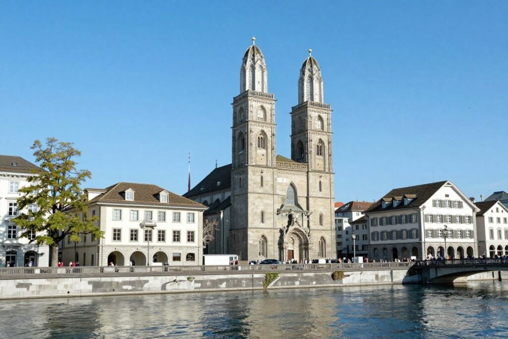 Grossmünster Church twin towers along the Limmat River in Zurich