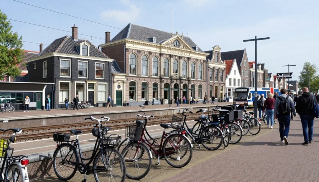 Haarlem train station with traditional Dutch architecture and cyclists