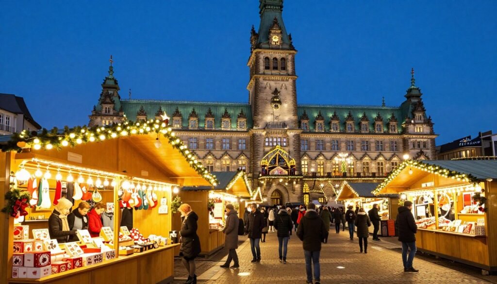 The Best Things to Do in Hamburg 32 Hamburg Christmas market at Rathausmarkt with illuminated stalls and town hall