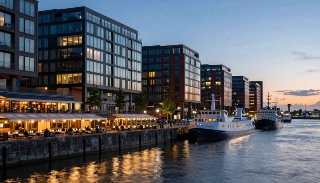 Hamburg harbor at dusk with waterfront restaurants lit up along the Elbe