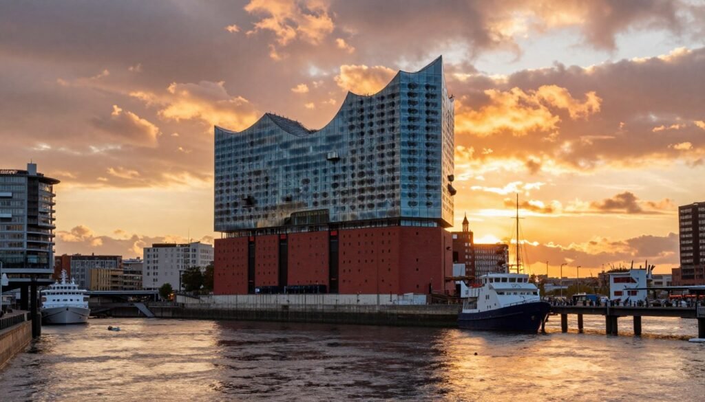 The Best Things to Do in Hamburg 264 Hamburg harbor skyline with Elbphilharmonie and historic warehouses at sunset