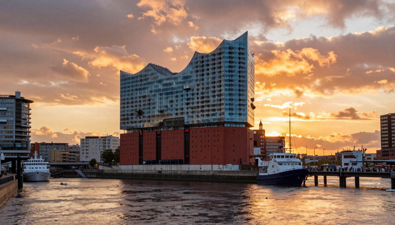 Hamburg harbor skyline with Elbphilharmonie and historic warehouses at sunset