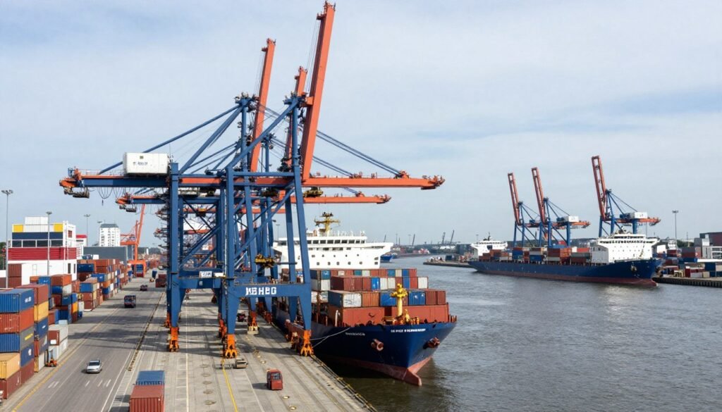 The Best Things to Do in Hamburg 11 Hamburg harbor with container ships, cranes, and Landungsbrücken pier