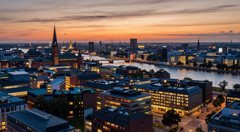 Hamburg skyline at sunset with diverse restaurants visible across districts