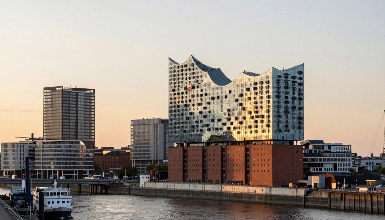 Hamburg skyline with hotels along the Elbe River at sunset in 2026