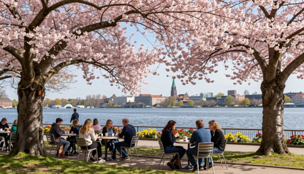 The Best Hotels in Hamburg 38 Hamburg spring scene with blooming trees and outdoor cafe