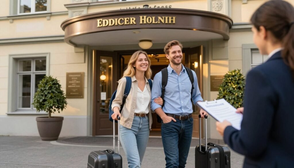Happy travelers at beautiful Zurich hotel after successful booking