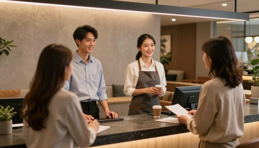 Happy travelers checking into modern hotel reception