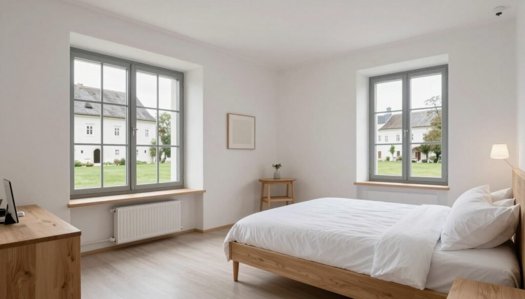 The Best Hotels in Salzburg Austria 16 Haus St Benedikt minimalist room with monastery views