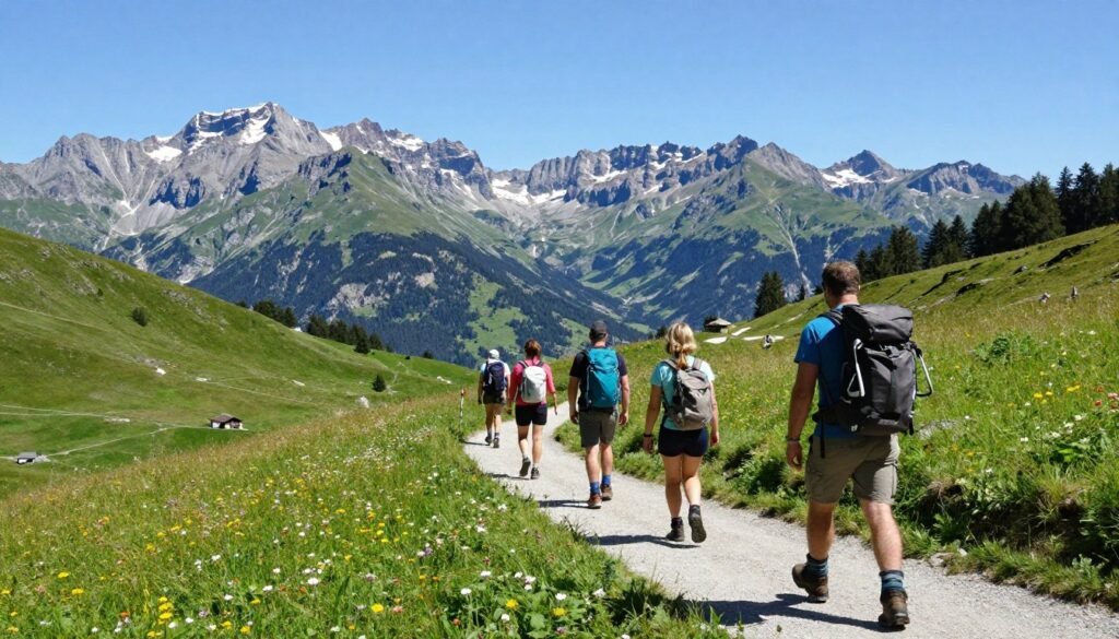 Hikers on mountain trail near Schaan with panoramic Alpine views