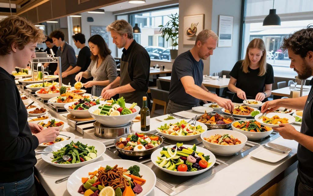 Hiltl vegetarian restaurant buffet with colorful dishes