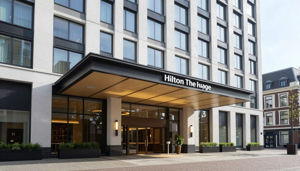 The Best Hotels in The Hague 1 Hilton The Hague exterior and entrance showing the modern luxury hotel building in The Hague city center