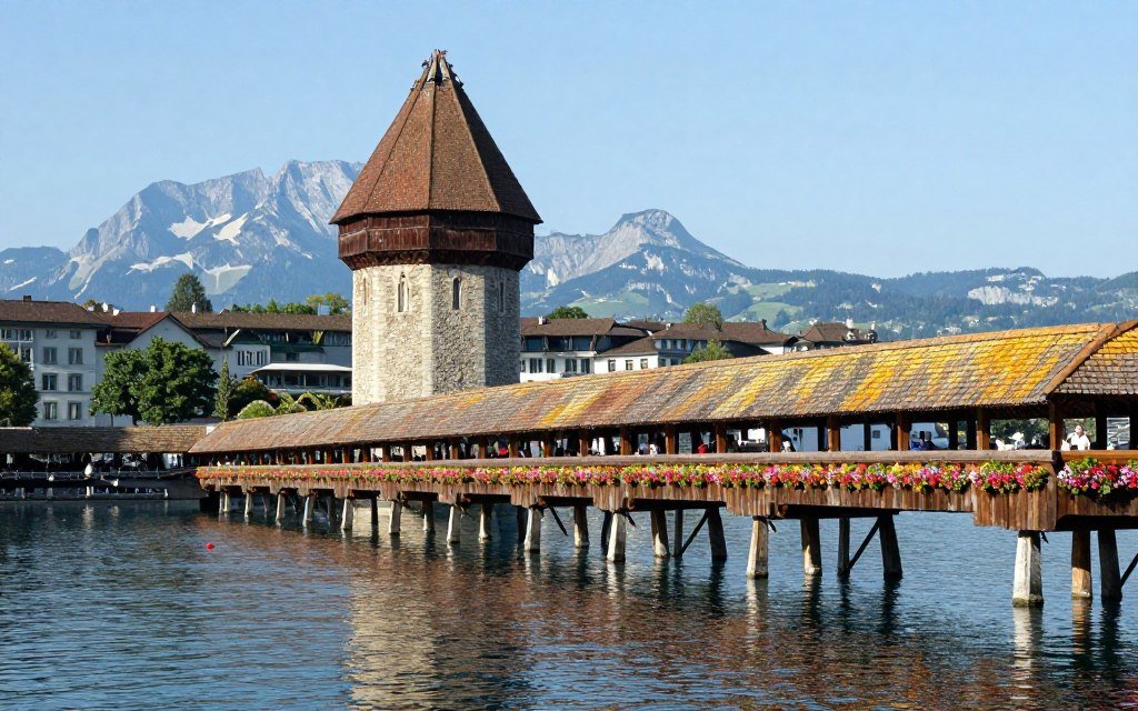 Historic Chapel Bridge and Water Tower in Lucerne