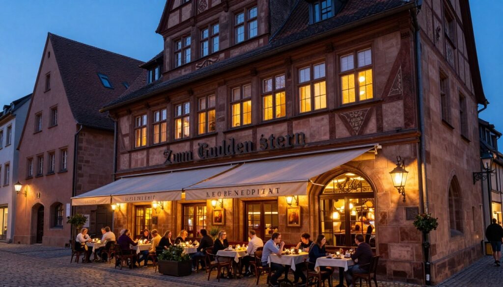 Historic Zum Gulden Stern restaurant exterior with traditional German architecture