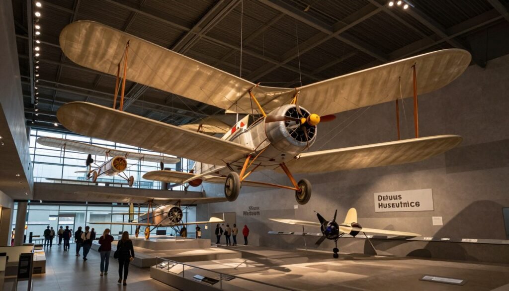 Historic aircraft suspended in aviation exhibition hall