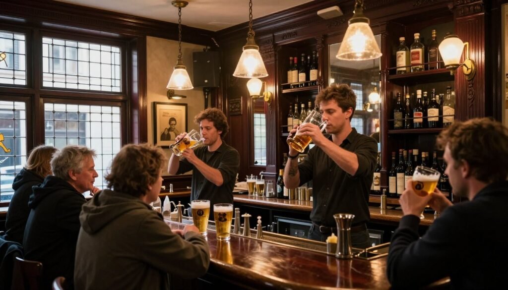 Historic bar interior in Antwerp with traditional wooden decor and Belgian beers being served