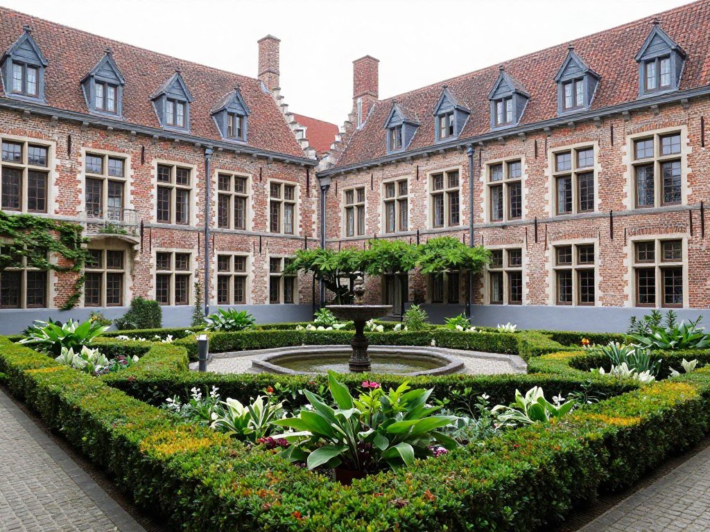 Historic courtyard garden at Martin's Relais hotel in Bruges