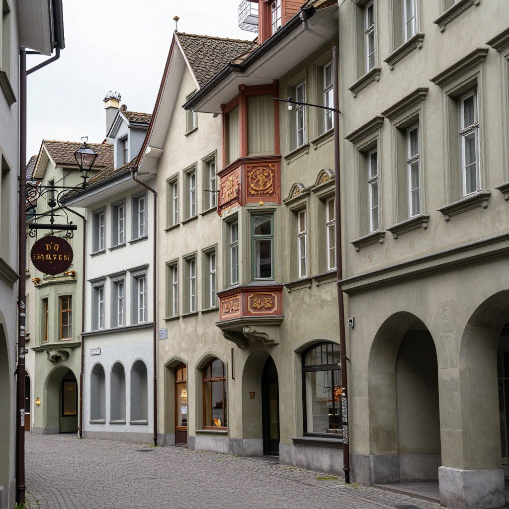 Historic guild houses along narrow street in Zurich Old Town