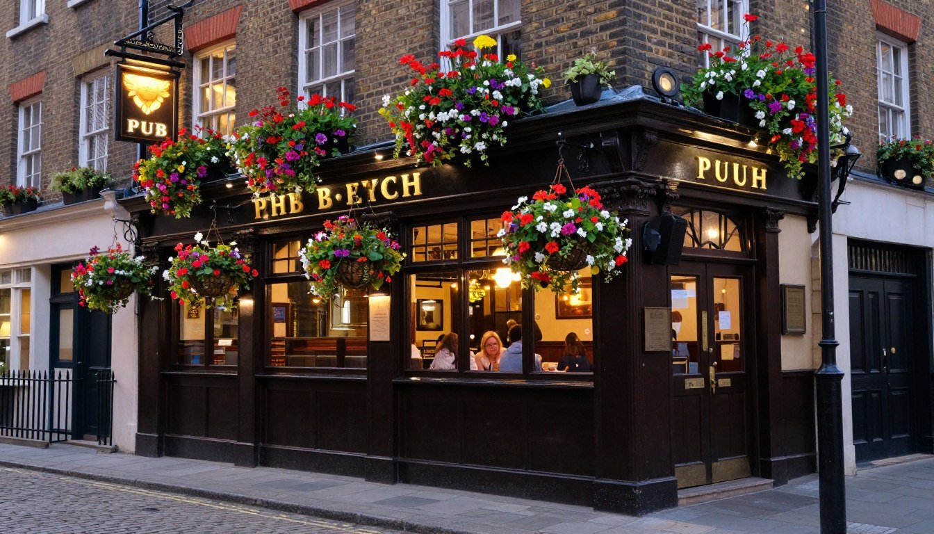 Historic pub in London with traditional exterior and hanging flower baskets