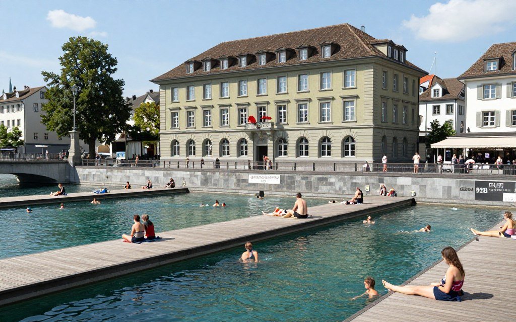 Historic public bathhouse on Limmat River with wooden decks