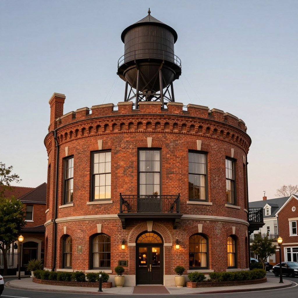 Historic water tower hotel conversion exterior