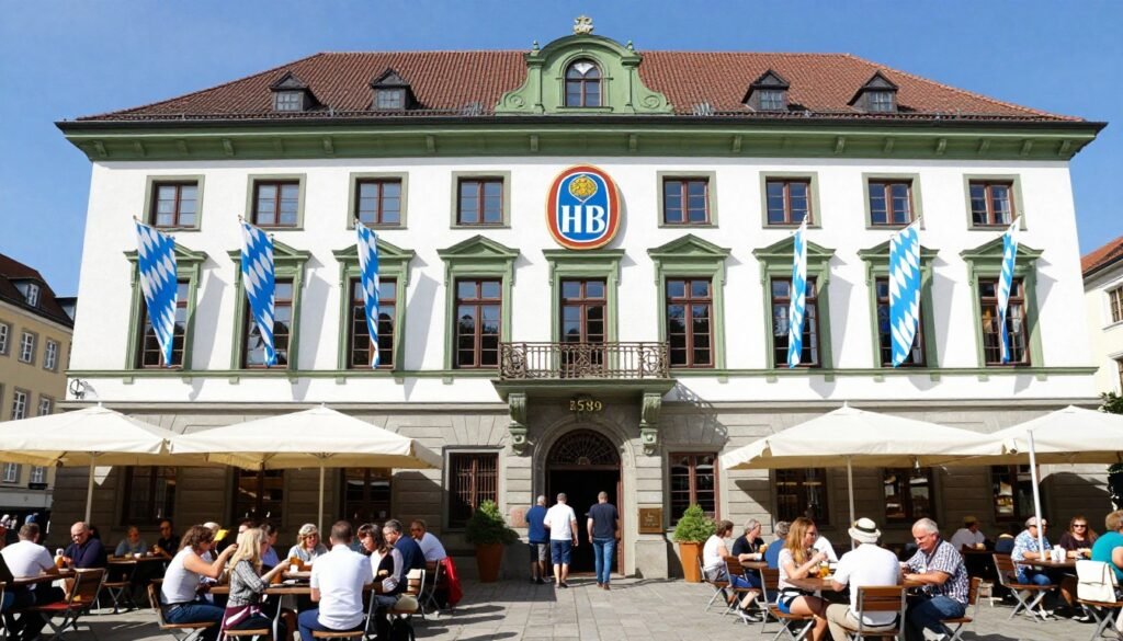 Hofbrauhaus exterior with crowds and outdoor seating