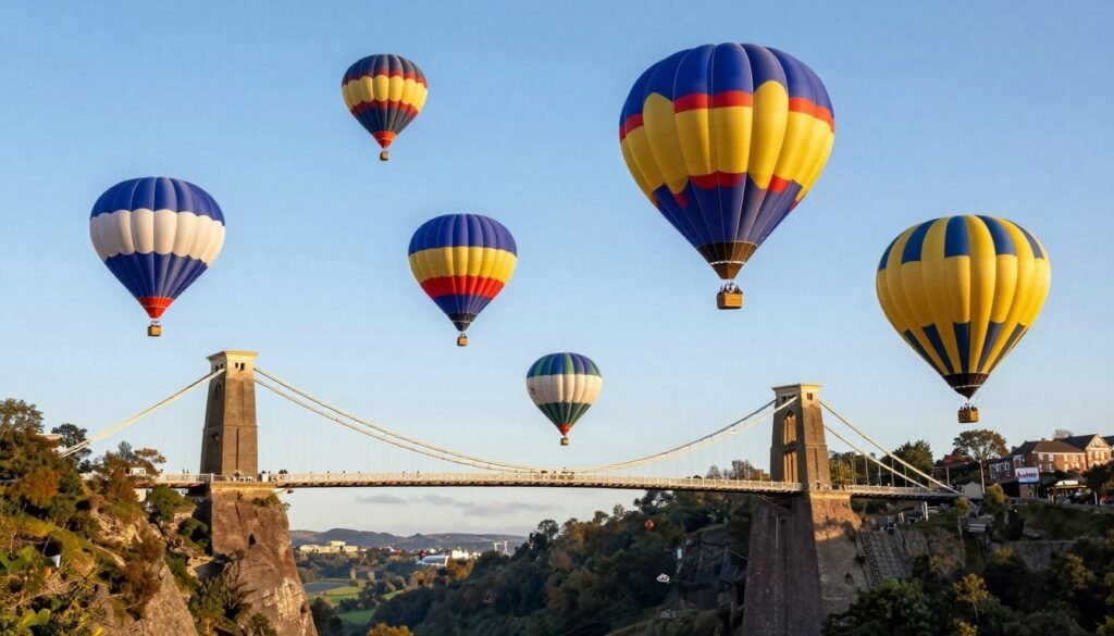 Hot air balloons over Clifton Suspension Bridge during Bristol Balloon Fiesta