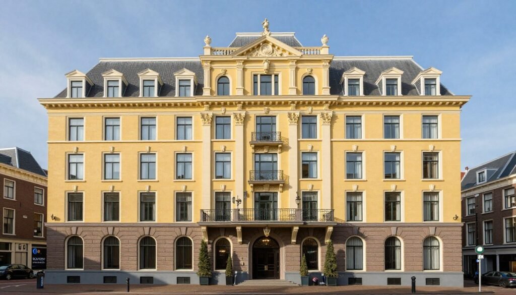 Hotel Des Indes The Hague exterior showing the historic yellow facade of this luxury hotel in The Hague