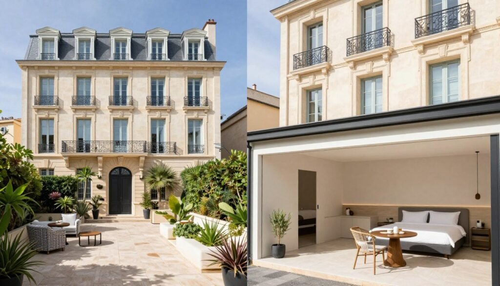 The Best Hotels in Marseille 6 Hôtel Maison Montgrand in Marseille showing the renovated townhouses with outdoor terrace and tea salon