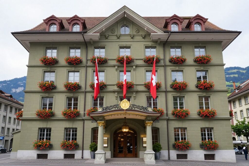 Hotel Schweizerhof Bern exterior with Swiss flags and mountain backdrop