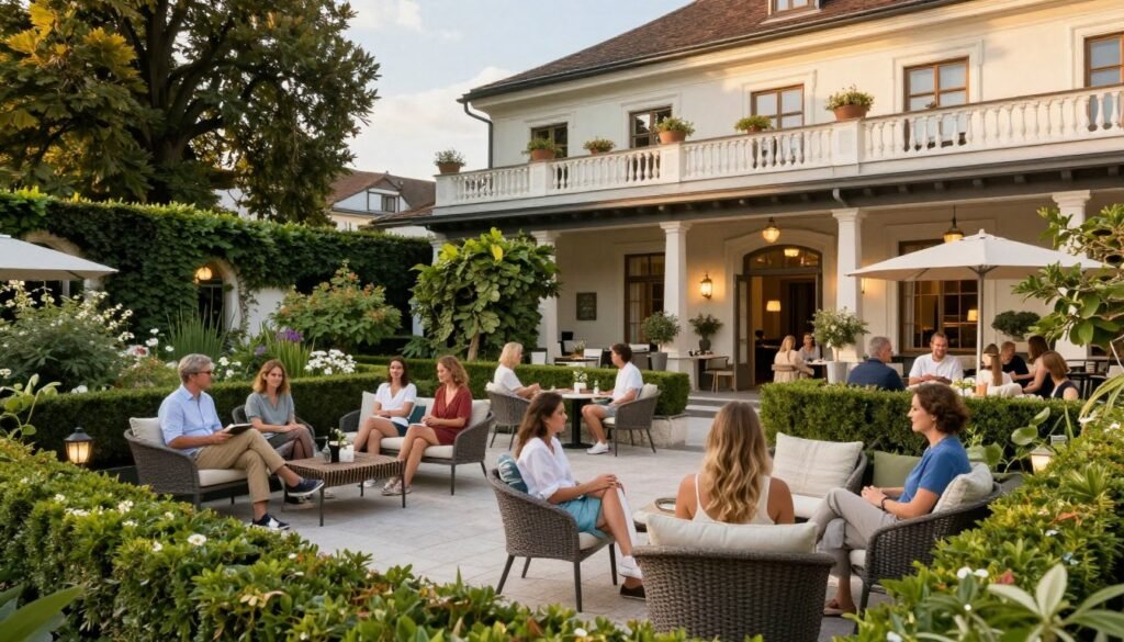 The Best Hotels in Salzburg Austria 7 Hotel & Villa Auersperg garden terrace with guests relaxing