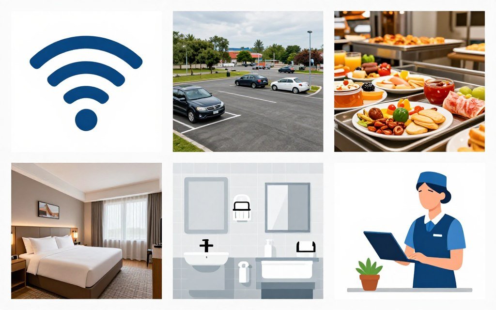 Hotel amenities including Wi-Fi breakfast and parking