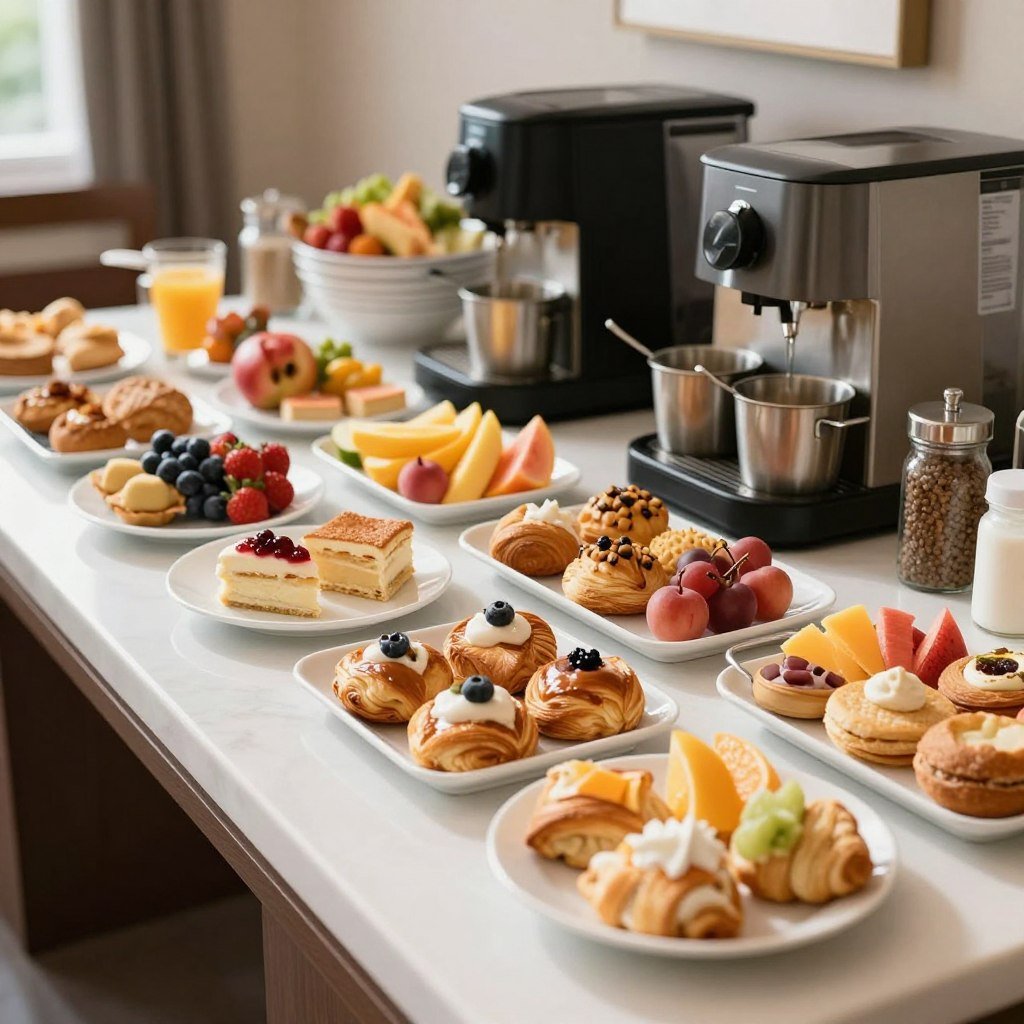 Hotel breakfast buffet spread