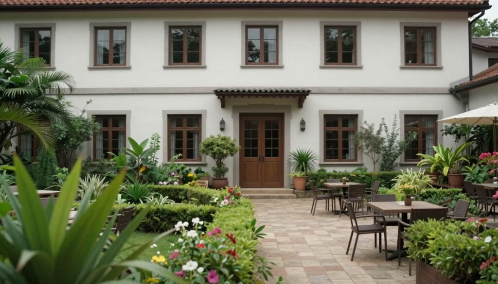 Hotel courtyard with garden seating area