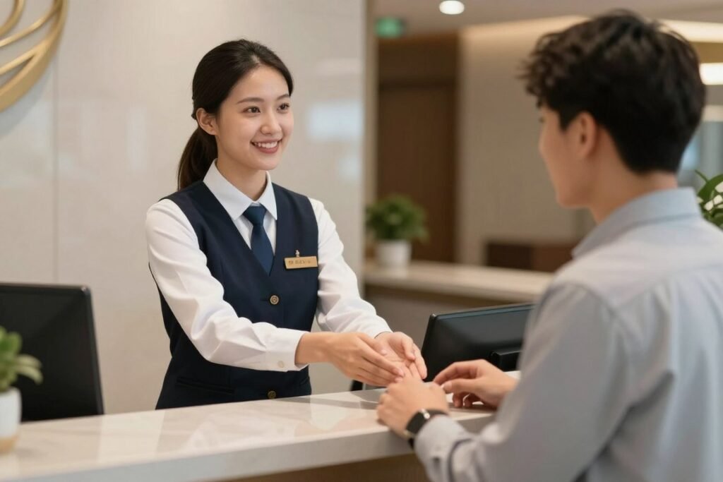 Hotel front desk interaction between guest and staff in Nuremberg