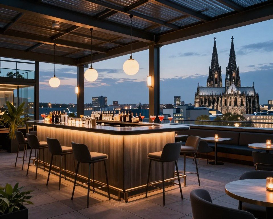 Hotel rooftop bar with city views