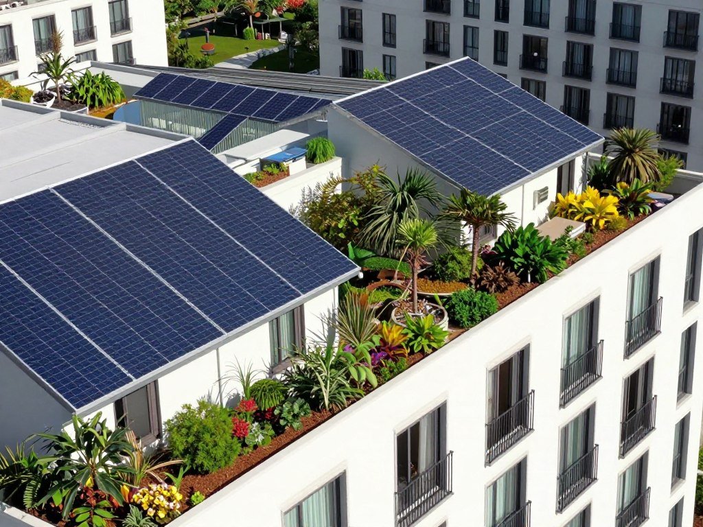 Hotel with solar panels and green roof
