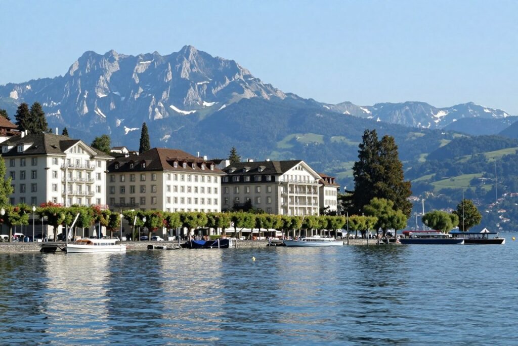 Hotels along Lake Zurich waterfront with mountain views