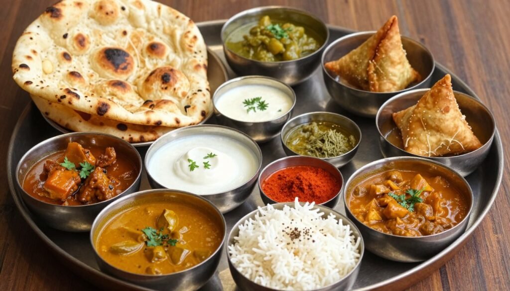 Indian curry dishes with naan bread and rice